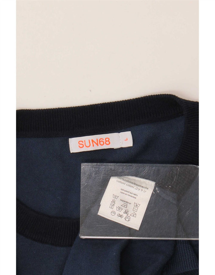 Sun68 Pulover pentru bărbați cu gât crew pulover mare din bumbac bleumarin