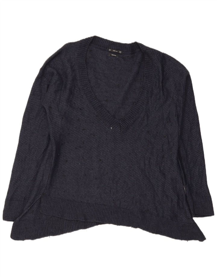Pulover pentru femeie Zara supradimensionat cu decolteu în V UK 14 Medium bleumarin pătat
