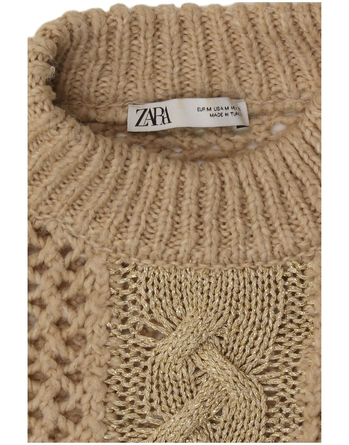 Pulover pentru femei cu gât țestoasă din croșetat Zara UK 14 Bej mediu