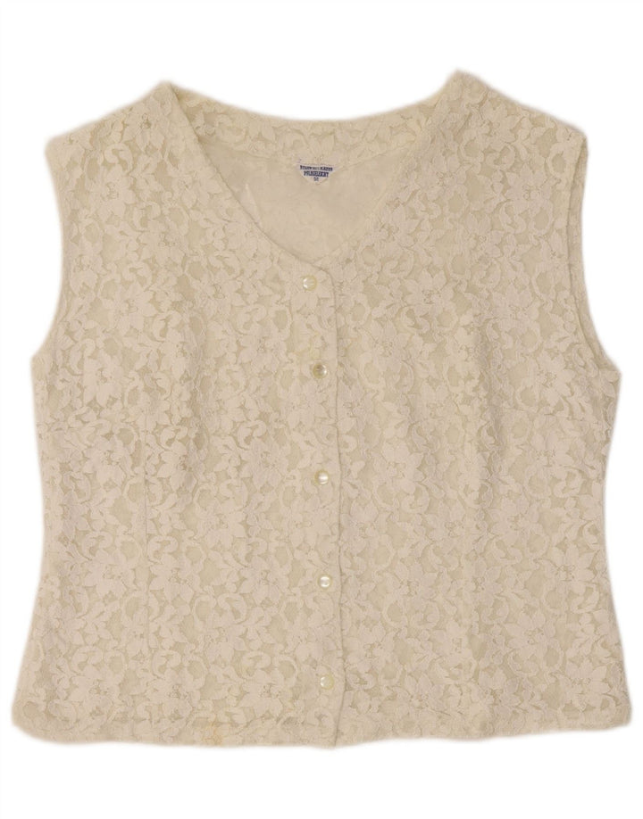 Bluză cămașă fără mâneci pentru femei VINTAGE, IT 50 XL, alb, cu flori