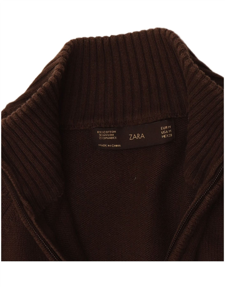 Pulover pentru femei Zara, cu fermoar, cu gât, UK 12, bumbac maro mediu
