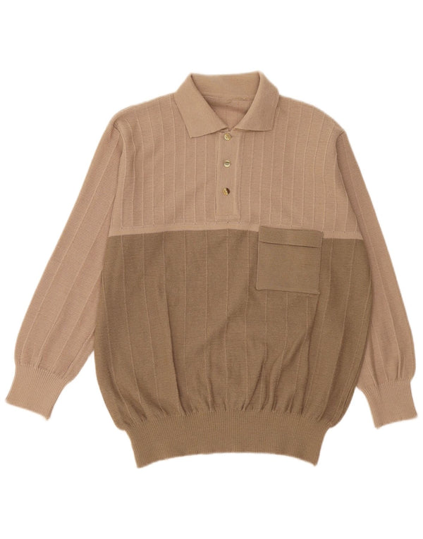 Pulover vintage pentru bărbați cu gât polo IT 54 XL bej lână color bloc