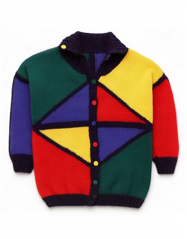 Pulover cardigan cu paragate vintage pentru femei UK 20 2XL Multicolor Geometric