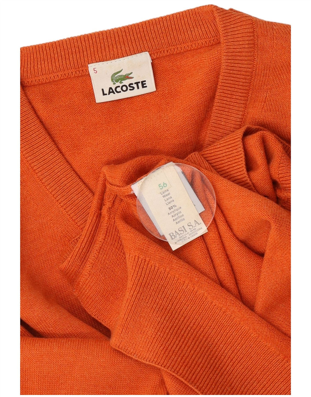 Pulover cu decolteu în V Lacoste pentru bărbați, mărimea 6, lână portocalie mare