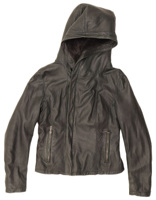 Jachetă de piele cu glugă XETRA pentru femei UK 12 Medium Black
