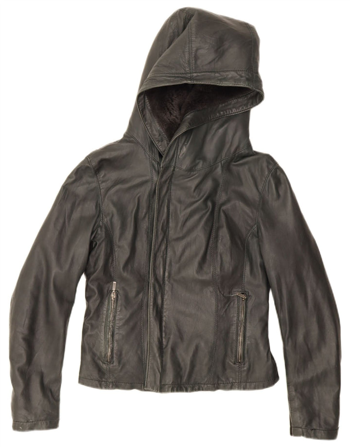 Jachetă de piele cu glugă XETRA pentru femei UK 12 Medium Black