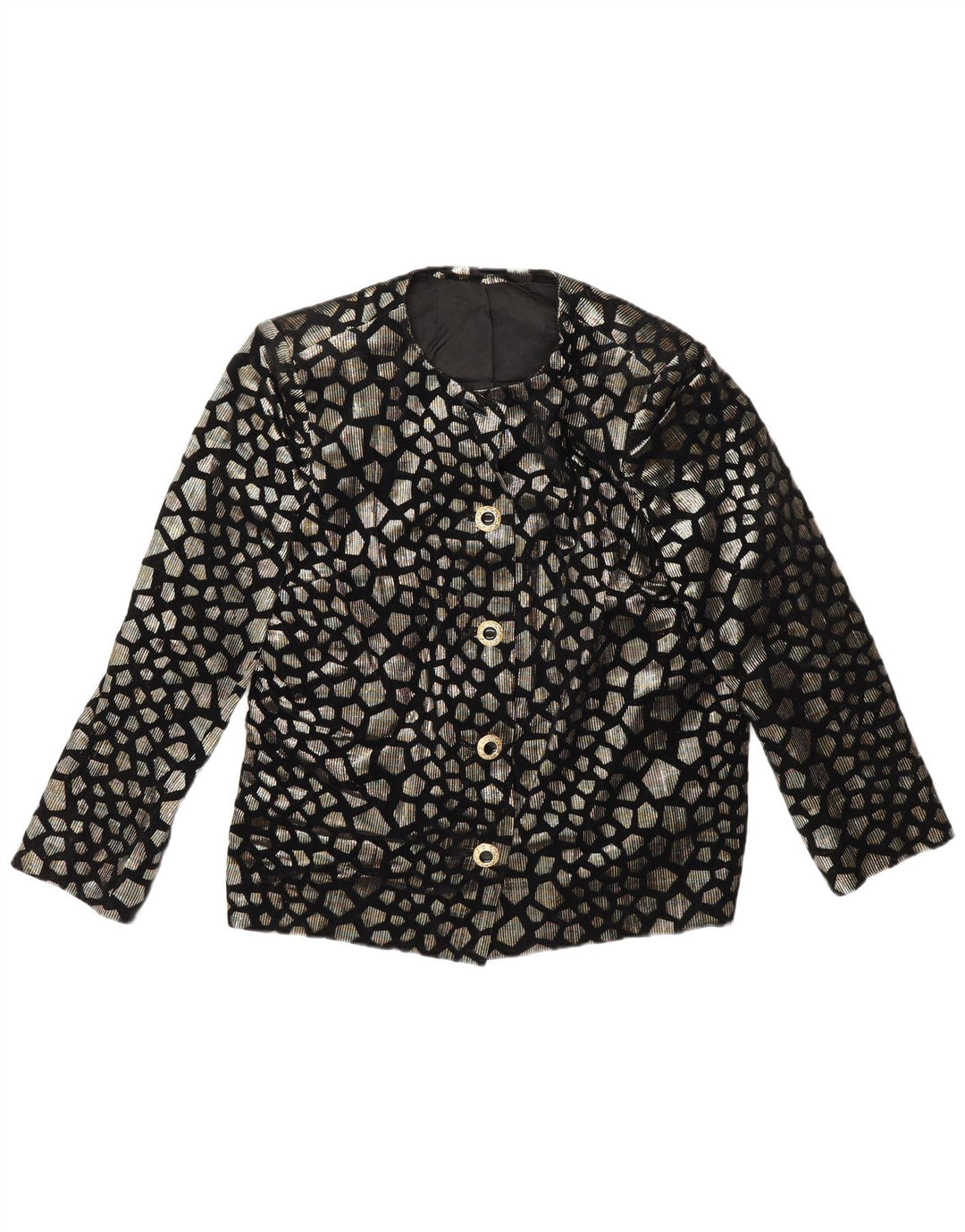 Jachetă vintage pentru femei cu 5 nasturi, UK 12 Medium Negru Geometric Retro