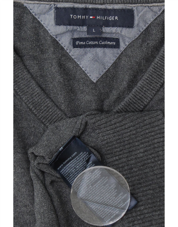 TOMMY HILFIGER Pulover cu decolteu în V pentru bărbați, bumbac mare, gri
