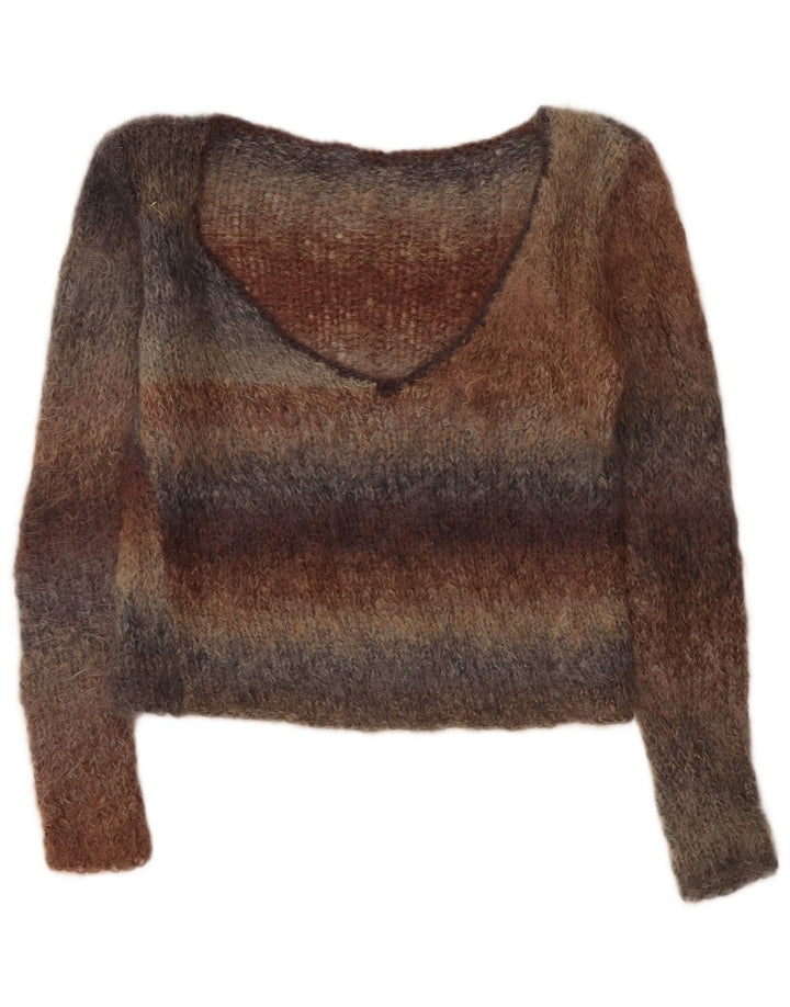 Pulover vintage pentru femei cu decolteu în V UK 14 Medium, multicolore, cu dungi