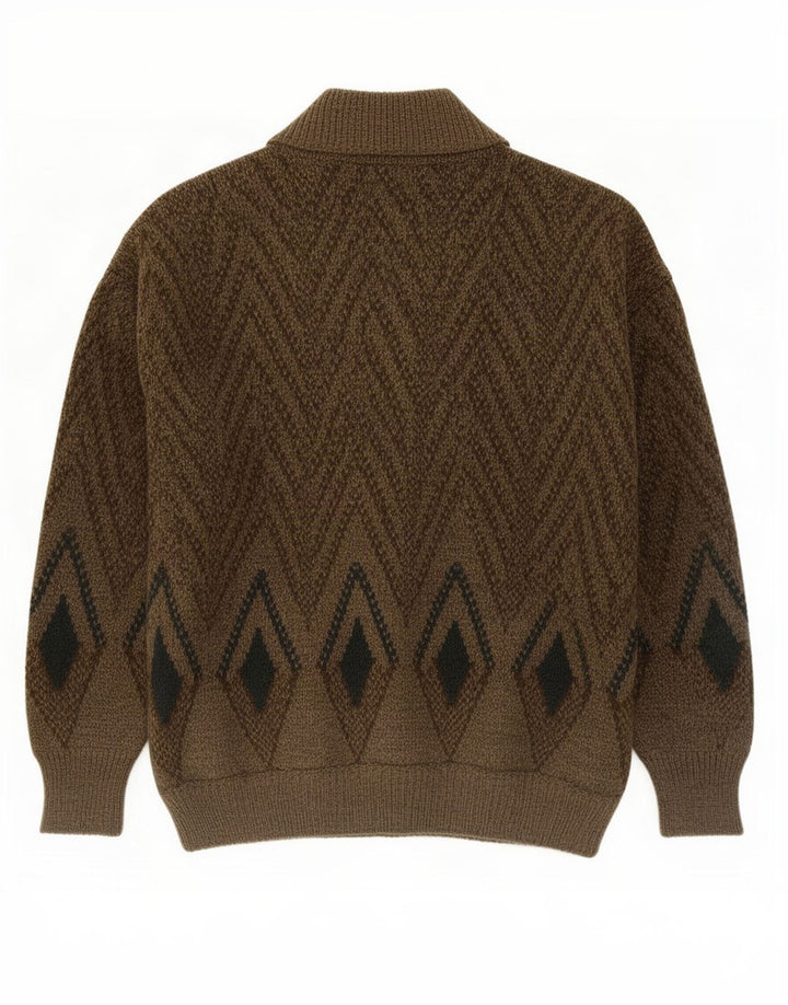Pulover Cardigan Vintage pentru Barbati Mediu Kaki Geometric Lână