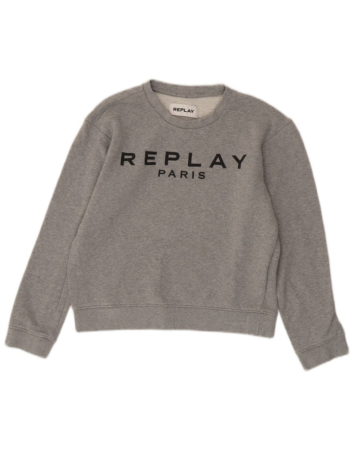 REPLAY Pulover pentru damă Paris Crop Graphic Pulover UK 10 Bumbac gri mic