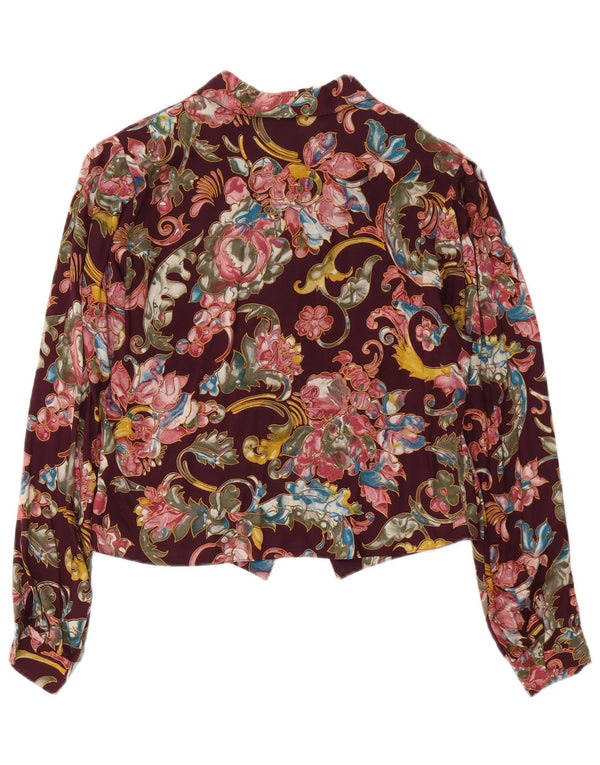 Bluză de cămașă vintage pentru femei UK 10 Viscoză Florală Burgundy mică