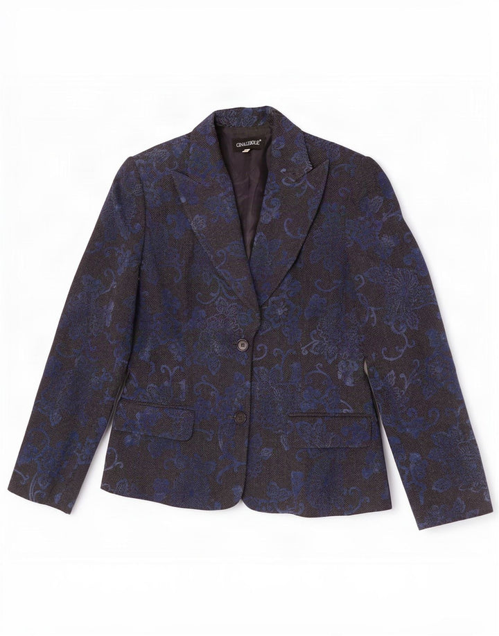 Ginalebole Femei 1 Button Blazer Jacket IT 46 Large Blue Marine Floral Wool