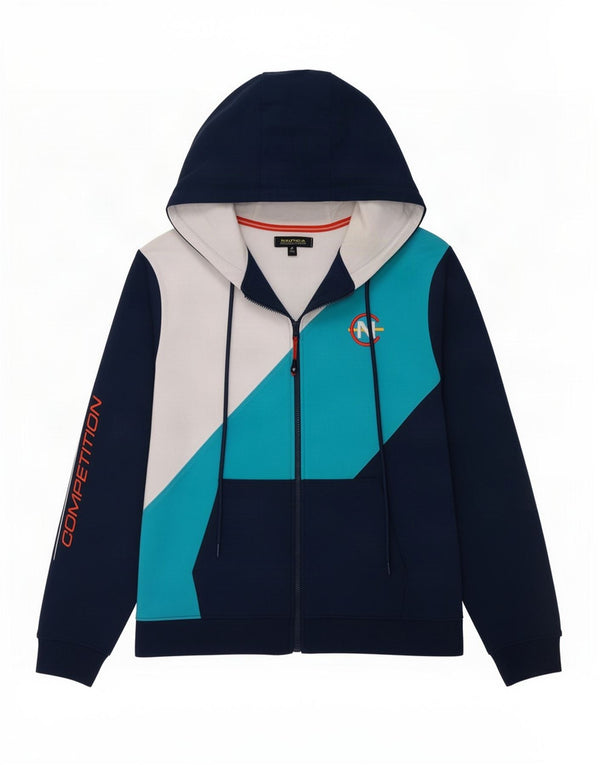 Pulover Nautica pentru bărbați, cu fermoar grafic, bumbac colorblock mediu, albastru