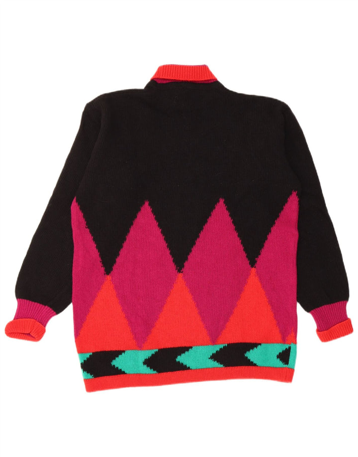 Pulover vintage pentru femei cu gât rulat UK 12 Medium Black Argyle/Diamond