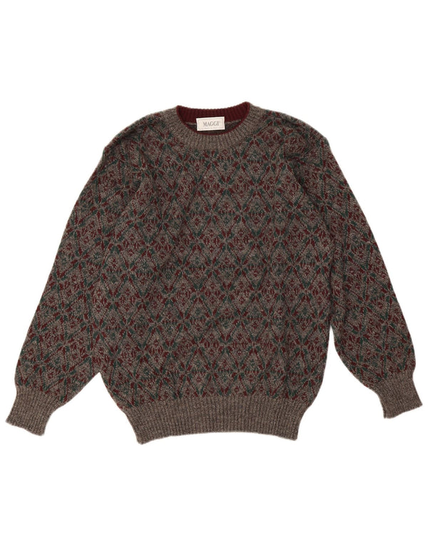 Vintage Mens Crew Neck Jumper Sweater Medium Grey Geometric Wool