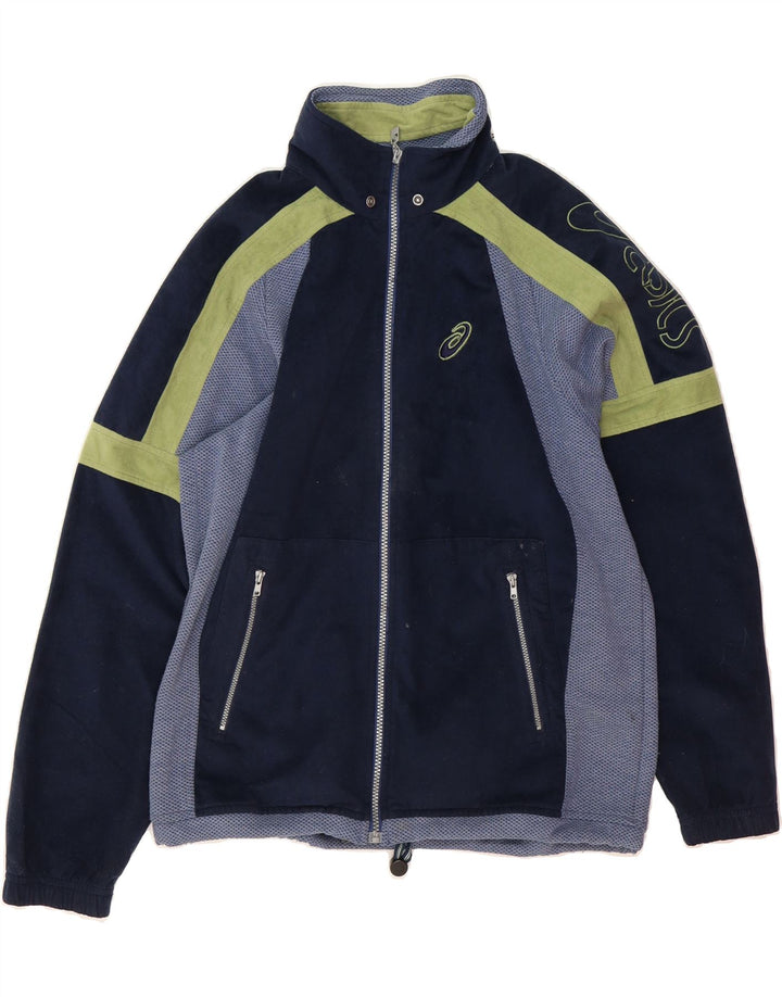 ASICS Mens Tracksuit Top Jacket Small Navy Blue Colourblock Vintage Asics and Second-Hand Asics from Messina Hembry 