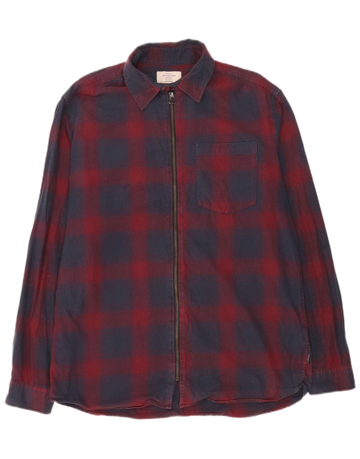 Cămașă Jack & Jones pentru bărbați, cu fermoar complet, în formă regulată, mare, albastru, din bumbac în carouri