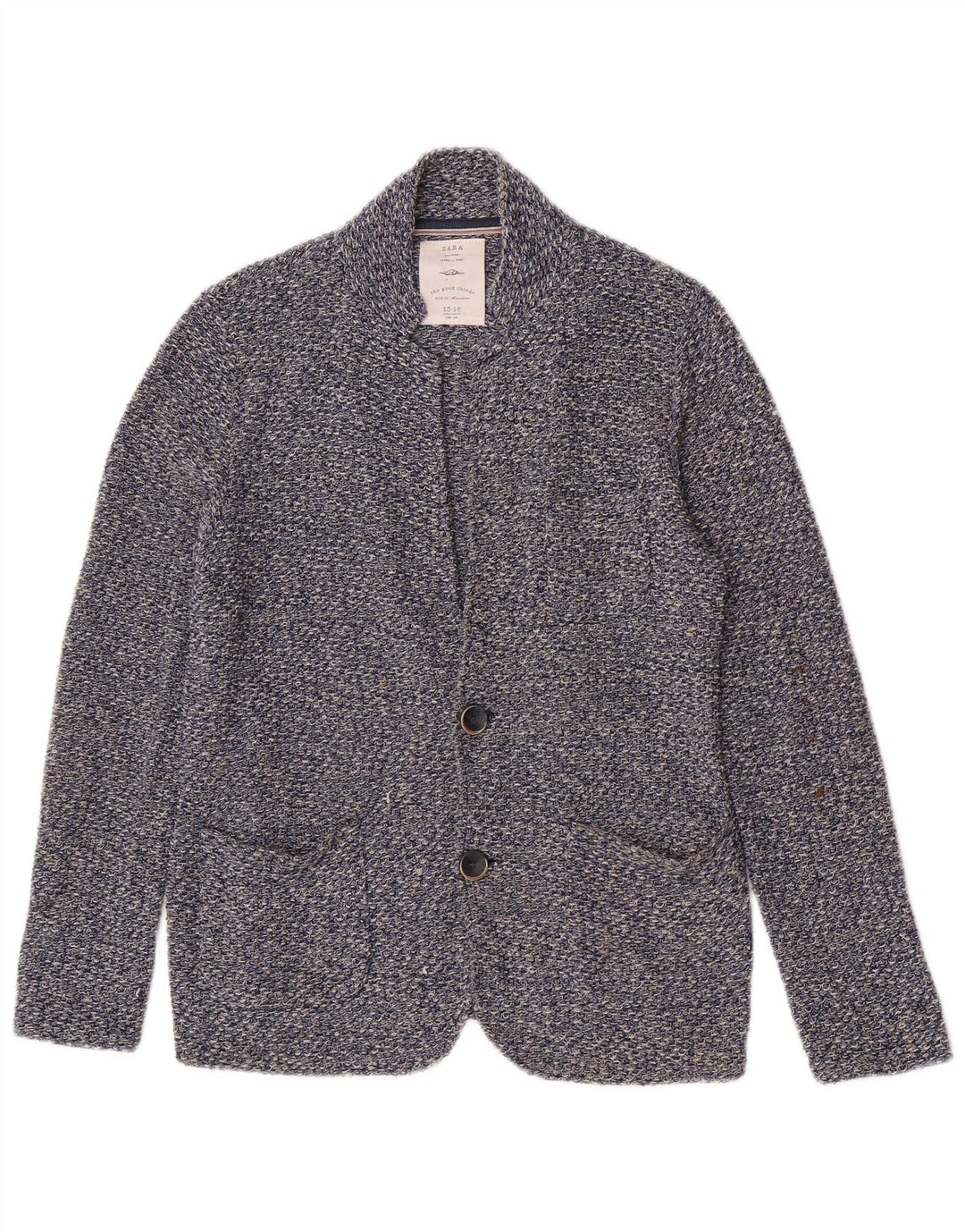 Blazer tricot cu 2 nasturi Zara băieți 13-14 ani, bumbac cu pete albastre