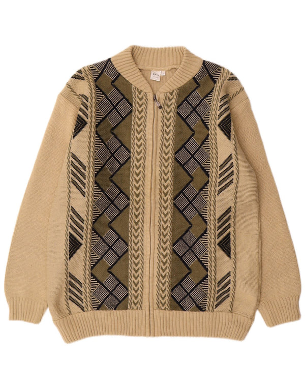 VINTAGE Mens Cardigan Sweater XL Beige Geometric Acrylic