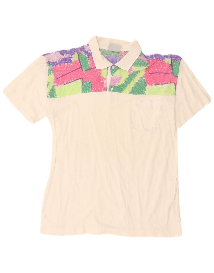 Tricou polo vintage pentru bărbați alb mediu geometric