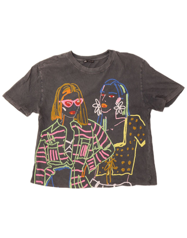 Tricou cu grafic supradimensionat pentru femei Zara UK 10 mic bumbac gri