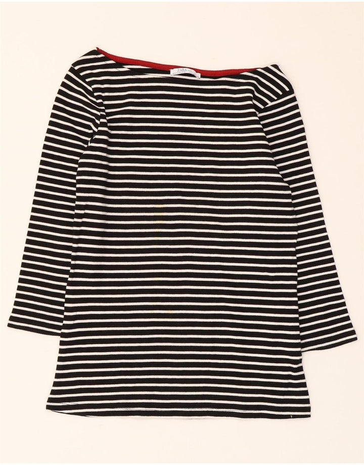 Zara Crop Top mânecă 3/4 pentru femei UK 12 Medium Black Striped Nautical