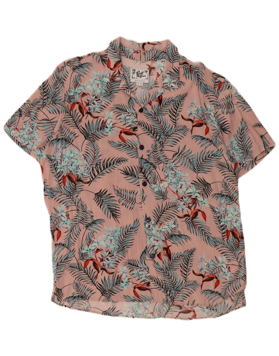 Cămașă cu mânecă scurtă pentru bărbați PULL & BEAR XL roz cu viscoză florală hawaiană