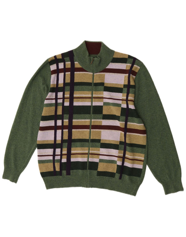 Pulover cardigan pentru bărbați Folk, lână merinos geometrică, verde