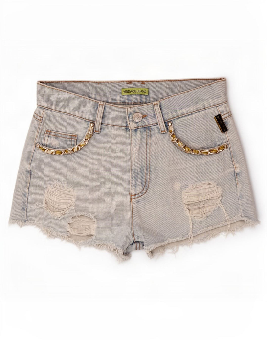 Pantaloni scurți din denim învechit pentru femei Versace W28, bumbac albastru mediu