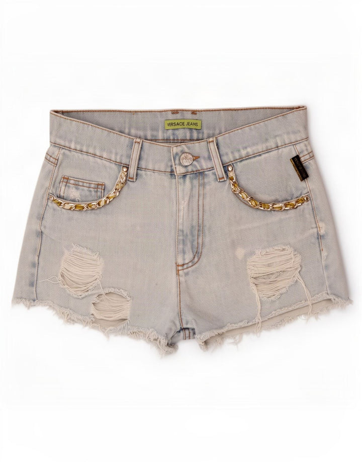 Pantaloni scurți din denim învechit pentru femei Versace W28, bumbac albastru mediu
