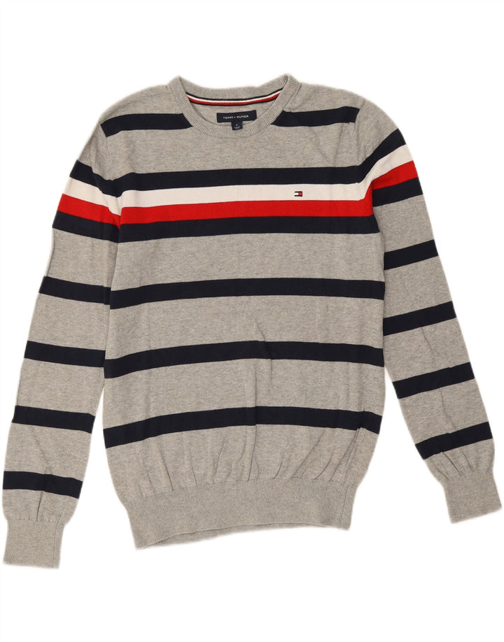 Tommy Hilfiger Mens Crew Neck Jumper Sweater Medium Grey Striped Cotton