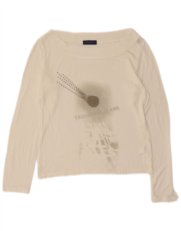 TRUSSARDI JEANS Top crop cu mânecă lungă pentru femei UK 12 Medium White