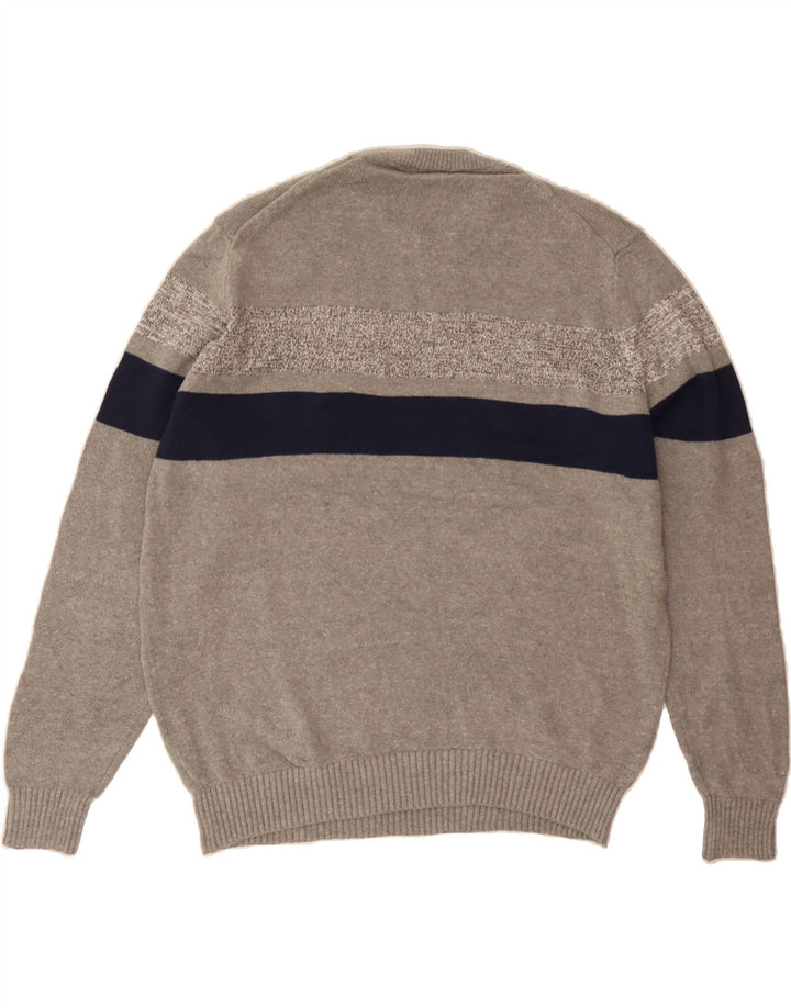 IZOD Mens Crew Neck Jumper Sweater Large Grey Striped Cotton Vintage Izod and Second-Hand Izod from Messina Hembry 