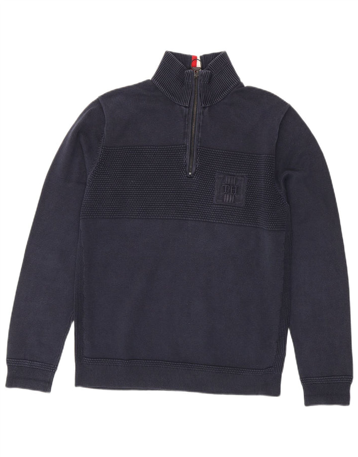 Pulover pentru bărbați Tommy Hilfiger, cu fermoar, cu gât, bumbac mediu albastru bleumarin