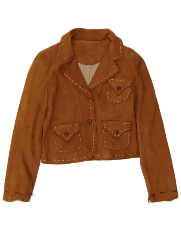 Lavorazione Artigiana Jachetă pentru femeie din piele intoarsa crop Blazer UK 10 Small Brown