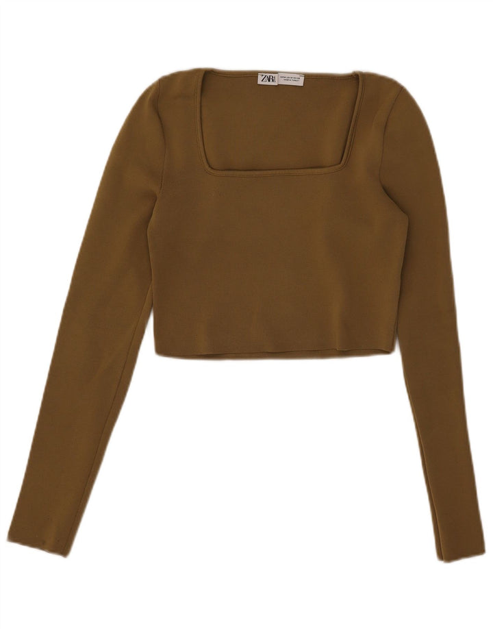 Crop Top pentru femei Zara cu mânecă lungă UK 12 Medium Kaki Poliester