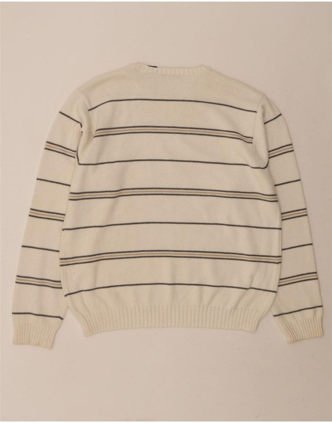 IZOD Mens Crew Neck Jumper Sweater Medium White Striped Cotton Vintage Izod and Second-Hand Izod from Messina Hembry 