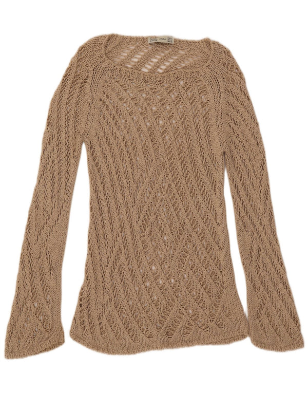 Pulover pentru damă Zara, croșetat, cu gâtul barcă, UK 14, mare, bej, acrilic