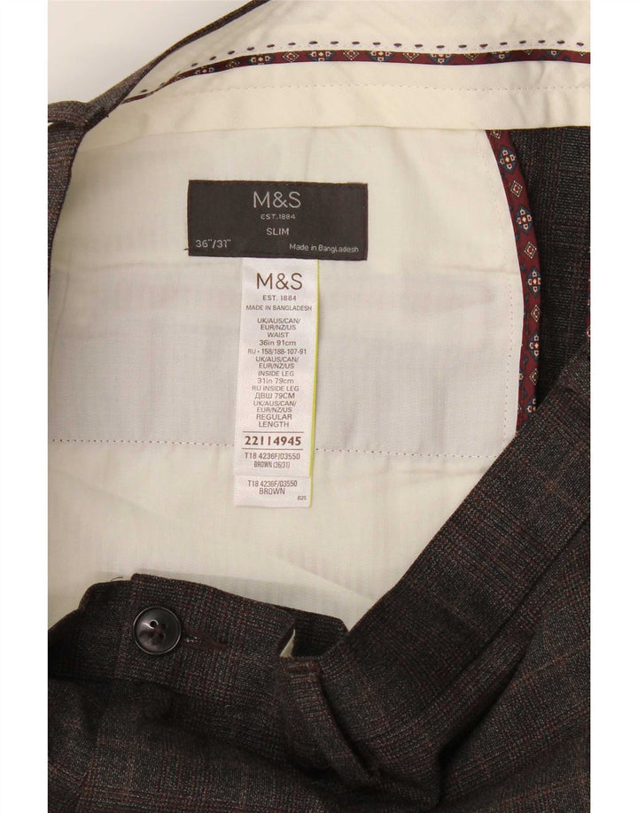 Marks & Spencer Mens Slim Chino Trousers W36 L31 Brown Check Polyester