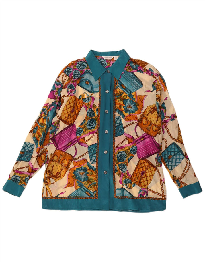 Bluză de cămașă cu model abstract pentru femei vintage UK 14 mare, multicoloră