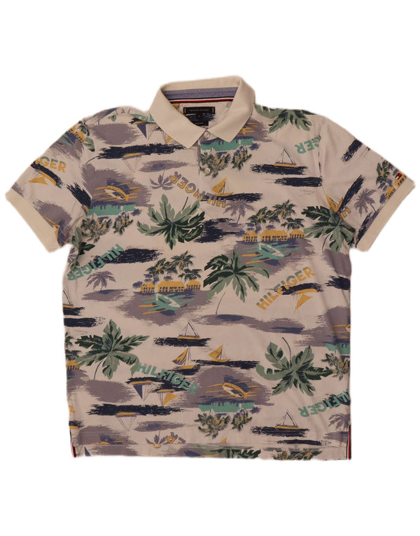 Cămașă polo cu grafică Tommy Hilfiger pentru bărbați, XL, din bumbac alb hawaian