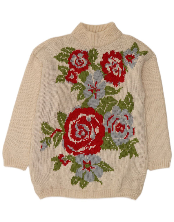 VINTAGE Pulover cu paragate cu gât țestoasă pentru femei UK 18 XL Alb Floral