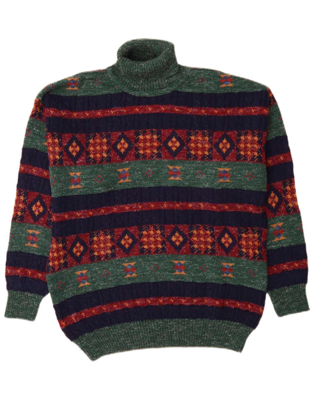 Pulover vintage pentru bărbați cu gât rulat, lână de alpaca geometrică, verde mediu