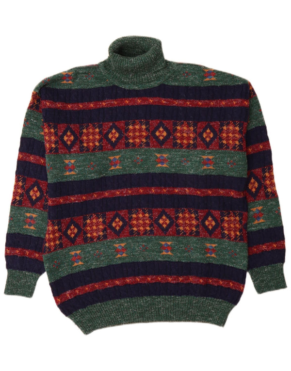 Pulover vintage pentru bărbați cu gât rulat, lână de alpaca geometrică, verde mediu