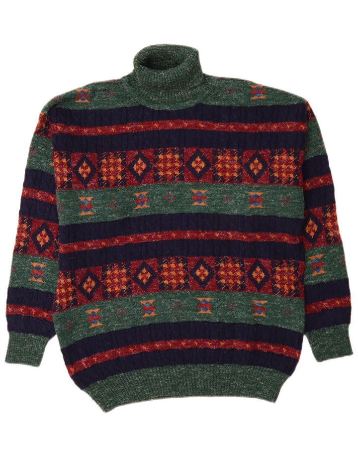 Pulover vintage pentru bărbați cu gât rulat, lână de alpaca geometrică, verde mediu