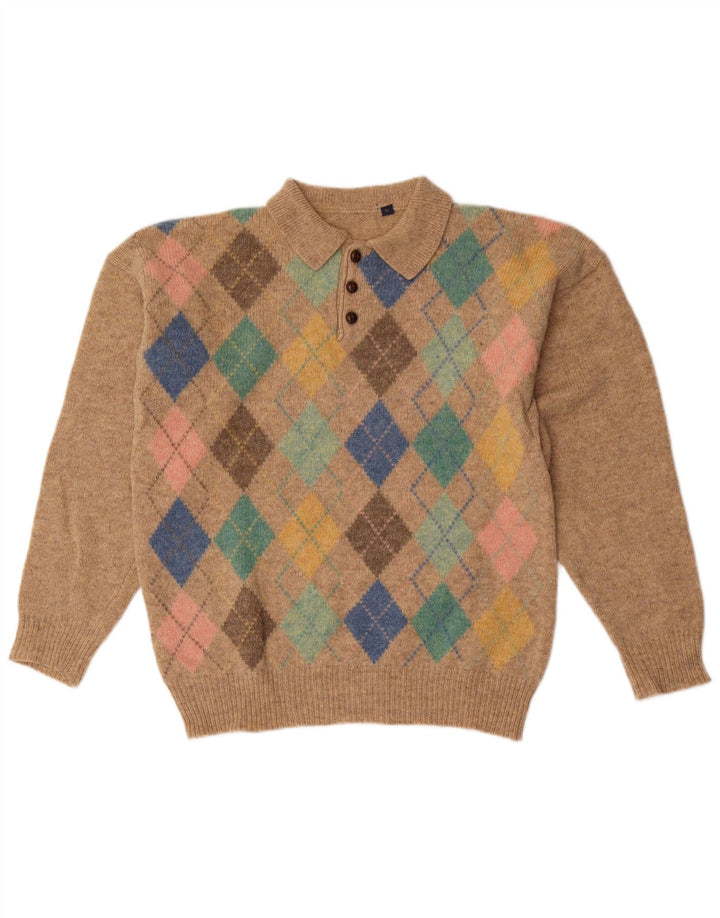 Pulover vintage pentru bărbați cu gât polo mare, lână Argyle/Diamond, bej