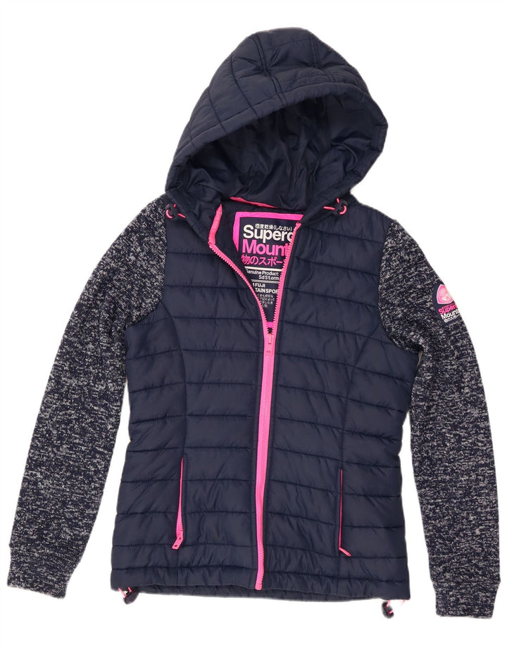 Jachetă căptușită cu glugă Superdry pentru femei UK 8 Mic, albastru marin, poliester pătat
