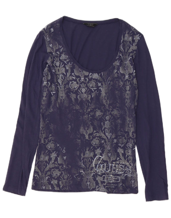 Guess Top grafic pentru femei cu mânecă lungă UK 12 mediu, albastru marin, bumbac floral