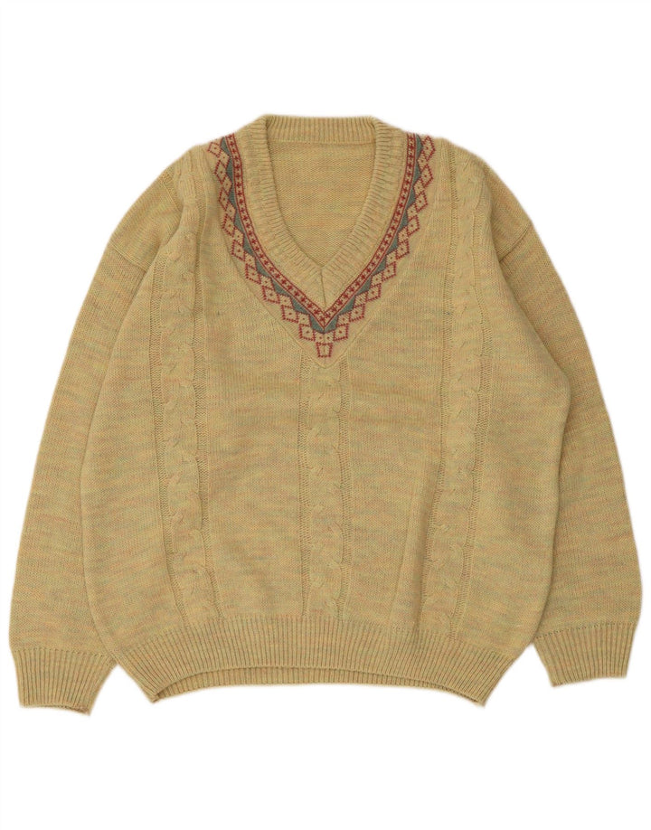 Pulover vintage pentru bărbați cu decolteu în V, lână geometrică mare, galbenă